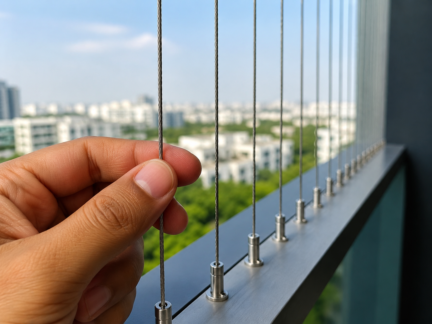 Invisible grills installed on apartment balcony full view — Secure Home Nets AP Telangana