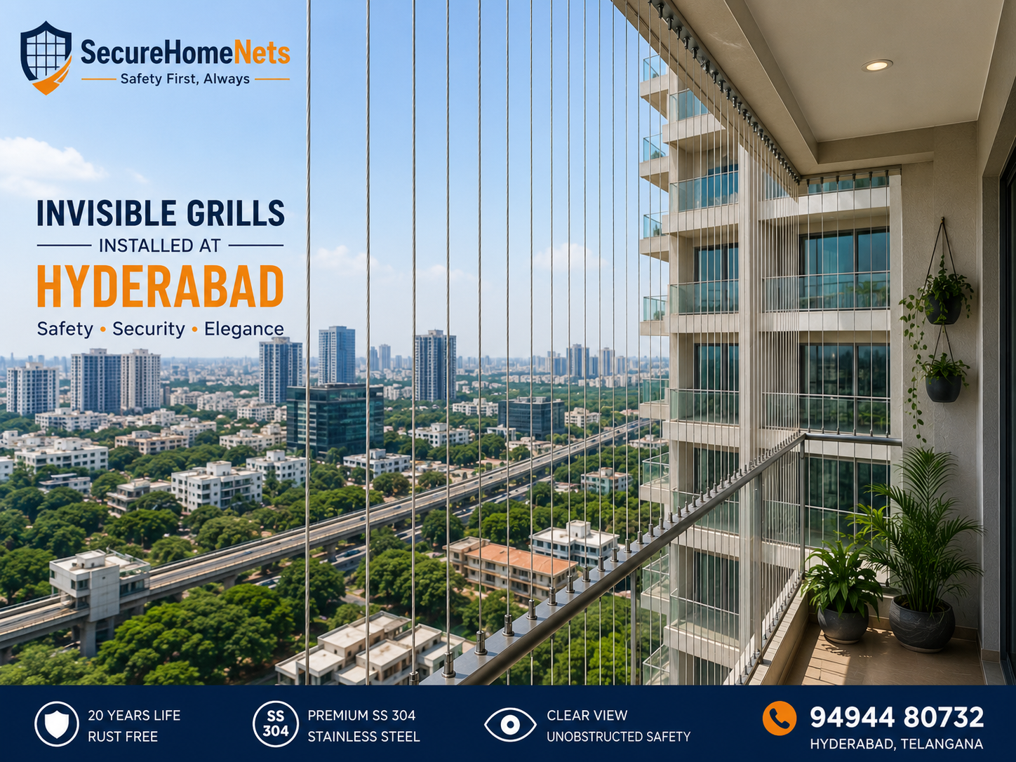 Invisible grills on high-rise apartment building in Hyderabad Telangana