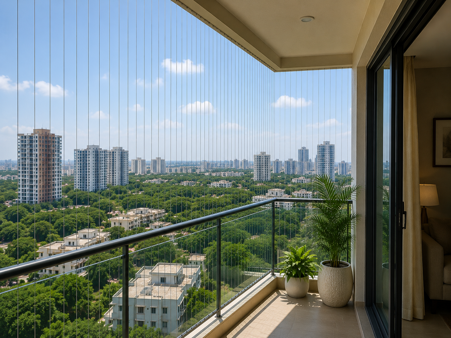 Inside view through invisible grills on balcony — transparent and unobstructed