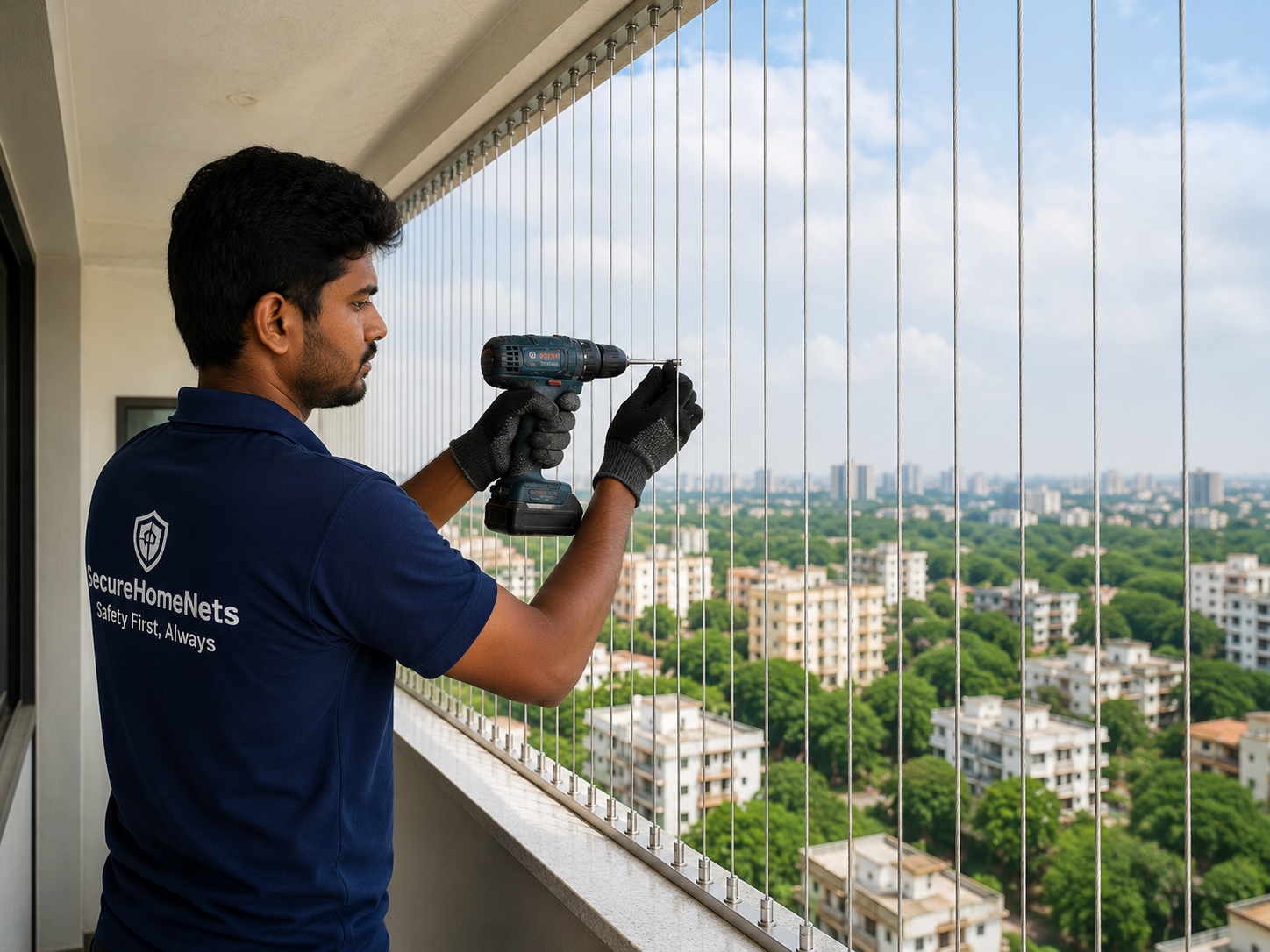 Secure Home Nets team installing invisible grills on apartment balcony in Andhra Pradesh