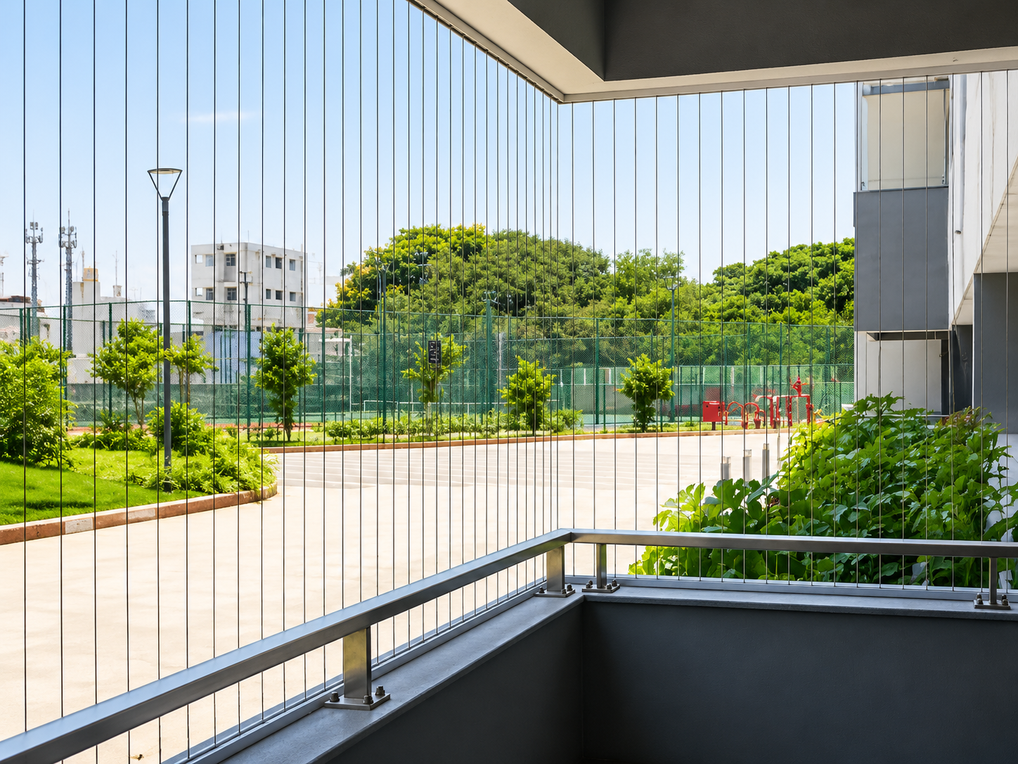 Invisible grills installed on apartment balcony in Tenali AP
