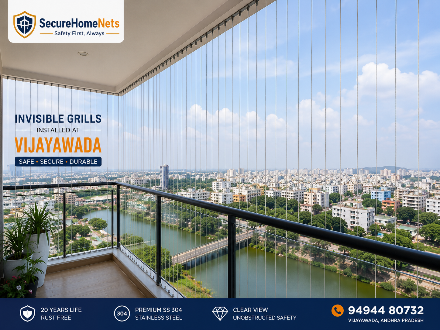 Invisible grills installed on apartment balcony in Vijayawada Andhra Pradesh — Secure Home Nets