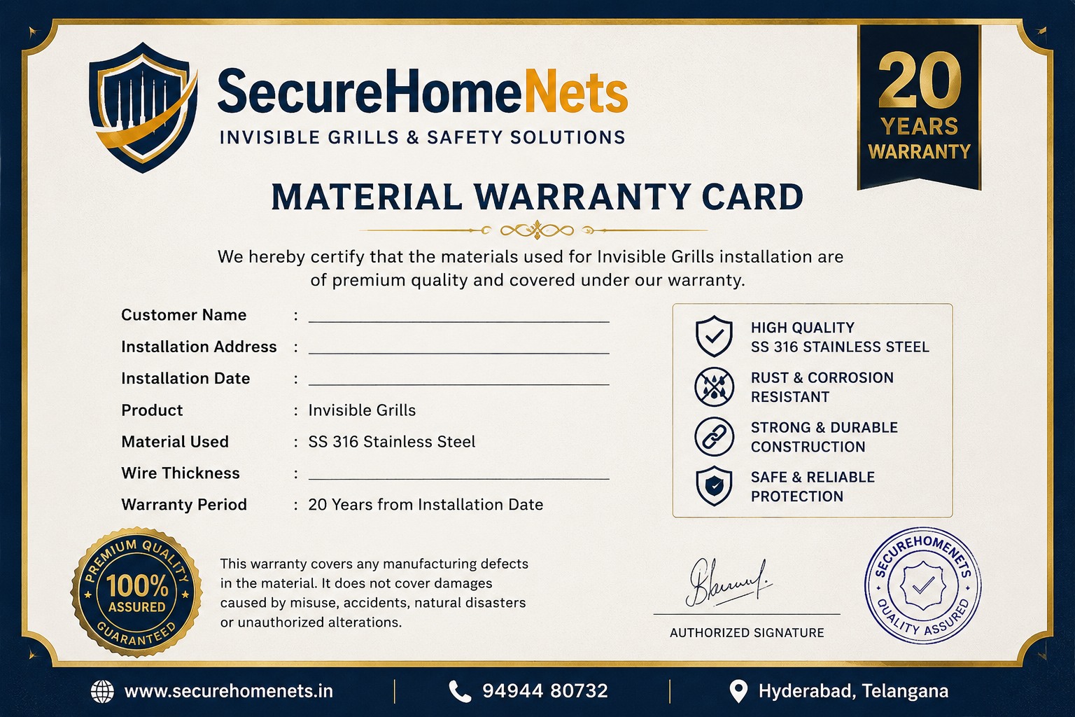 Invisible grills 10 year manufacturer warranty certificate — Secure Home Nets