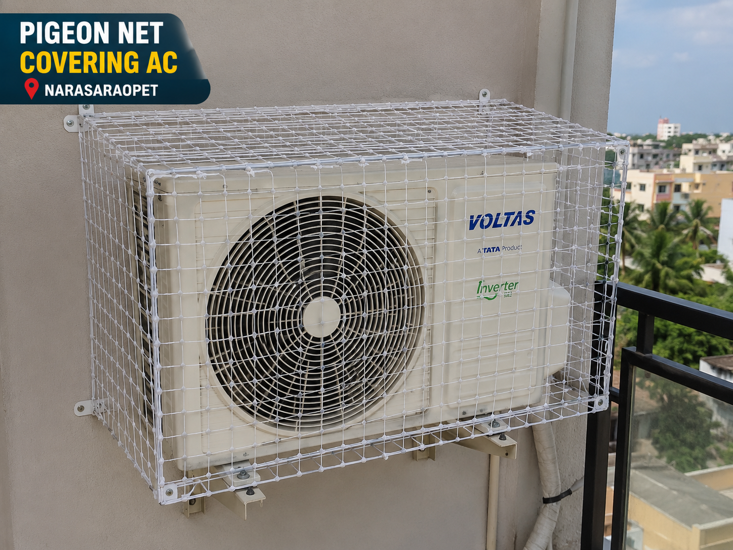 Pigeon nets installed on balcony and AC unit in Narasaraopet Palnadu