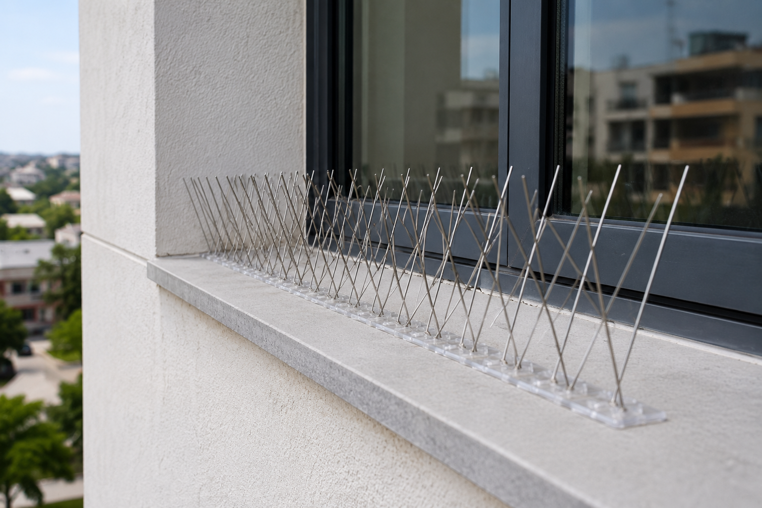 Bird spikes installed on window ledge and building parapet in Hyderabad AP