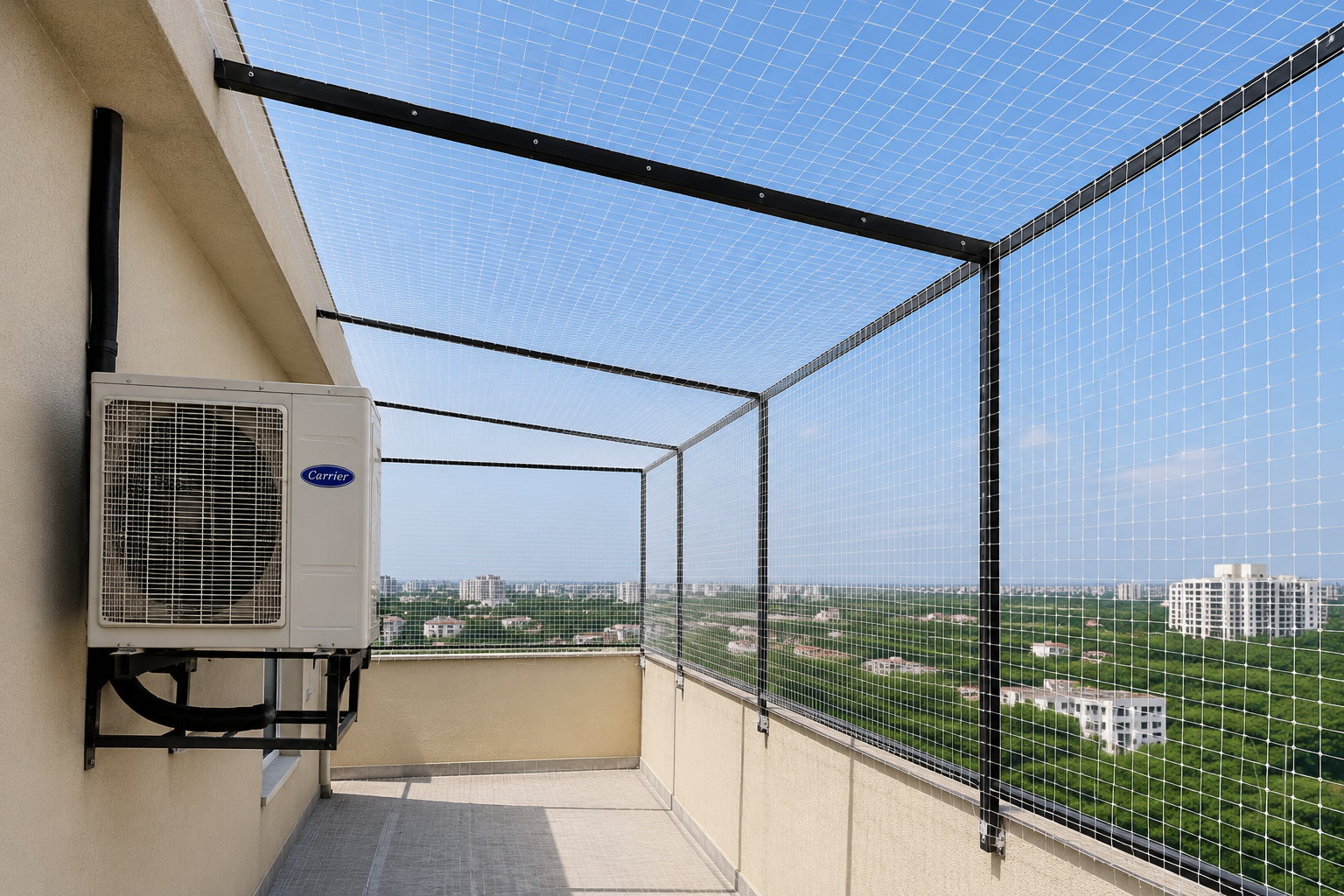 Pigeon and anti-bird nets installed on AC unit and terrace in AP Telangana